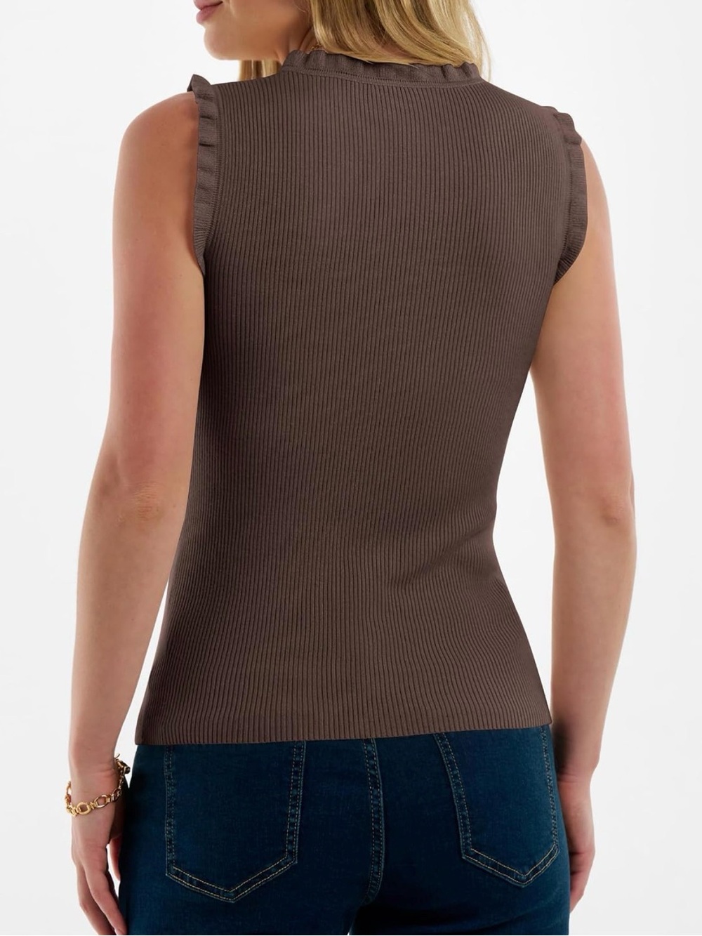 ANRABESS Ribbed Tank Top Ruffle Style Crew Neck - Picture 2 of 5